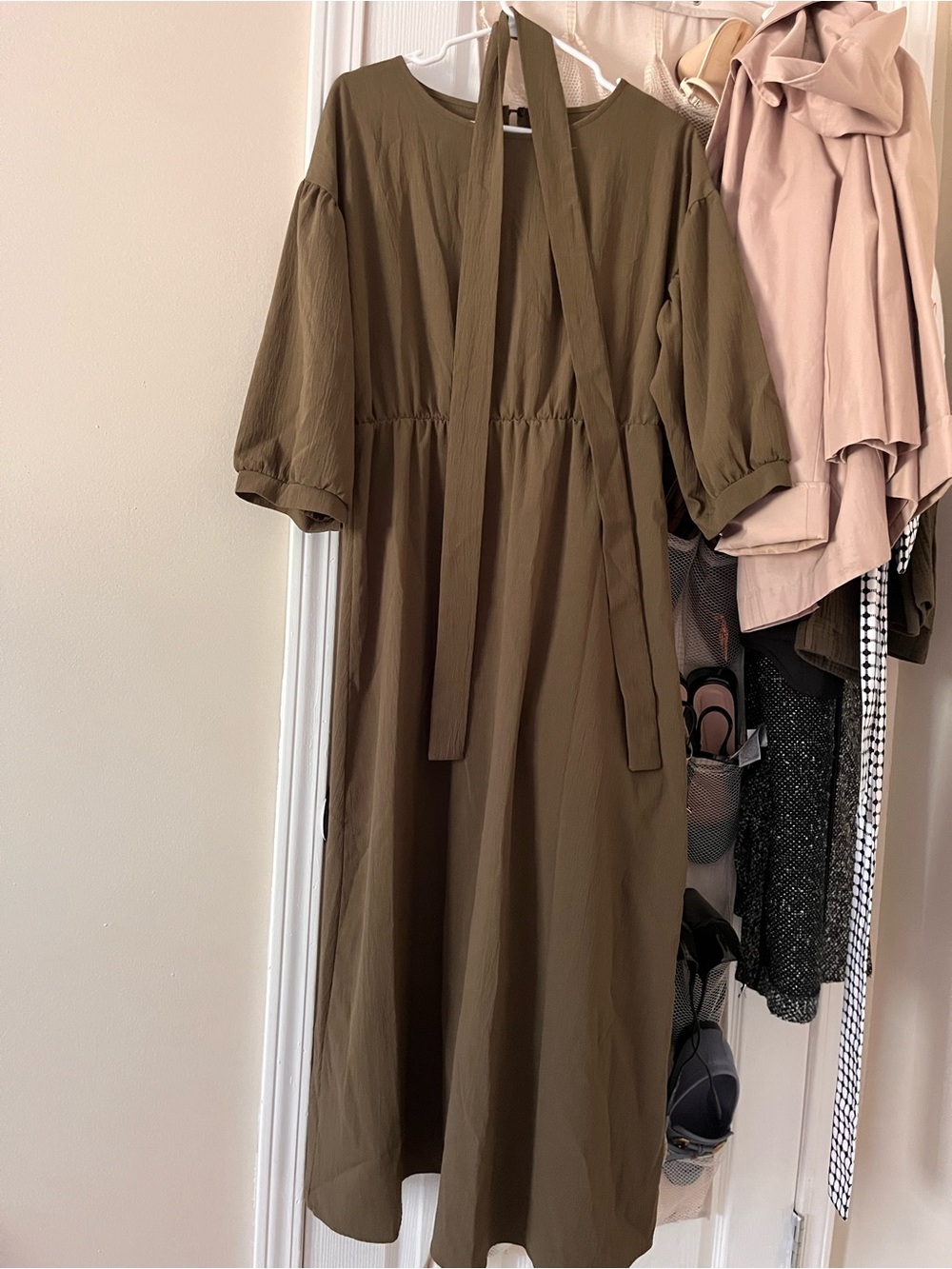 Olive Green Midi Tie-Neck Dress